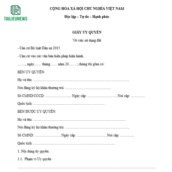 Tải Về Miễn Phí Mẫu Giấy Ủy Quyền Sử Dụng Đất File Word giay uy quyen su dung dat 4
