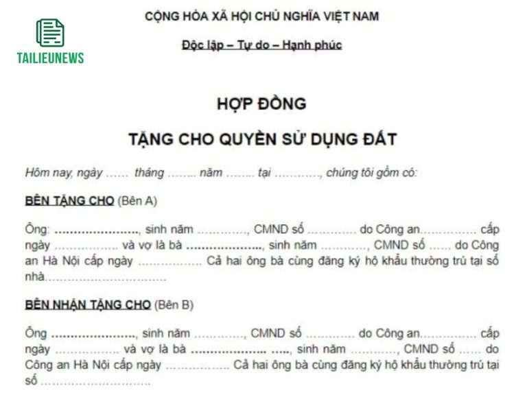 Tải Miễn Phí Mẫu Hợp Đồng Cho Tặng Nhà Đất Mới hop dong cho tang nha dat