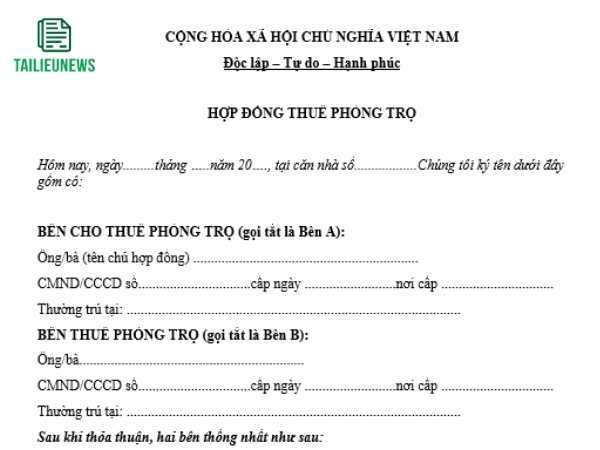 Tải Mẫu Hợp Đồng Cho Thuê Phòng Trọ, Nhà Ở, Chung Cư Mới Nhất hợp đồng cho thuê phòng trọ