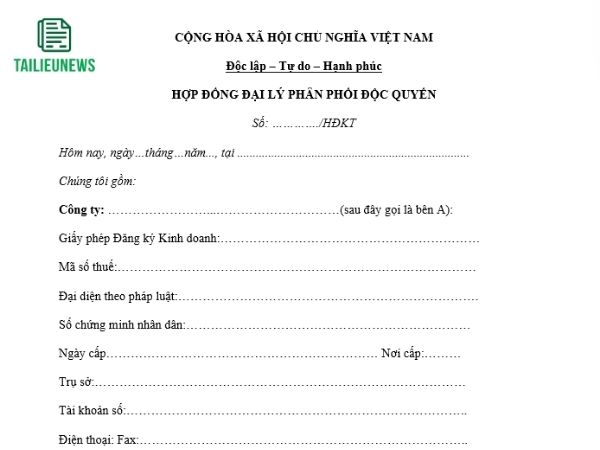 Tải Miễn Phí Mẫu Hợp Đồng Đại Lý Thương Mại, Độc Quyền File Word hợp đồng đại lý