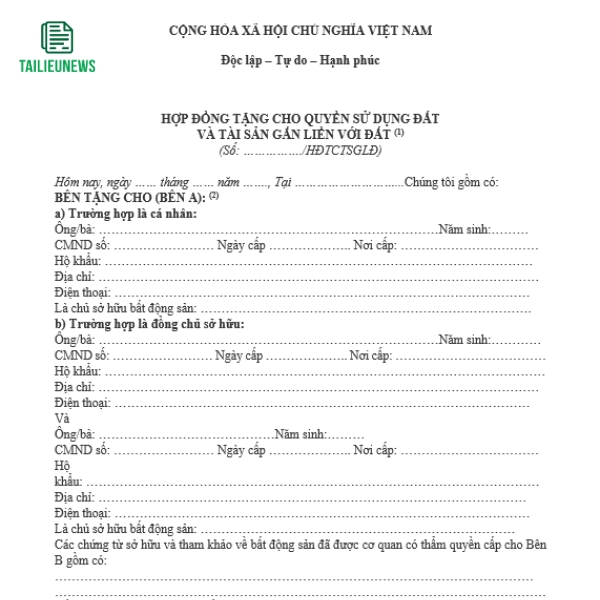 hop dong tang cho quyen su dung dat va tai san gan lien voi dat