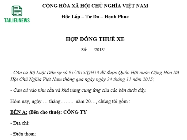 Tải Mẫu Hợp Đồng Thuê Xe Ô Tô Cá Nhân, Doanh Nghiệp File Word hợp đồng thuê xe ô tô