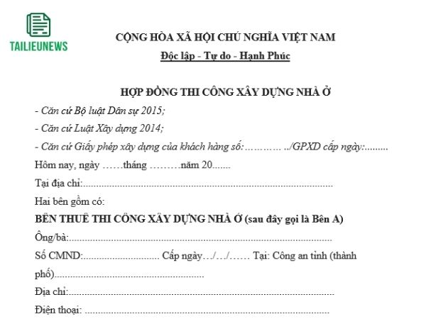 Tải Mẫu Hợp Đồng Xây Dựng Nhà Ở, Xưởng, Phần Thô, Trọn Gói File Word hợp đồng xây dựng
