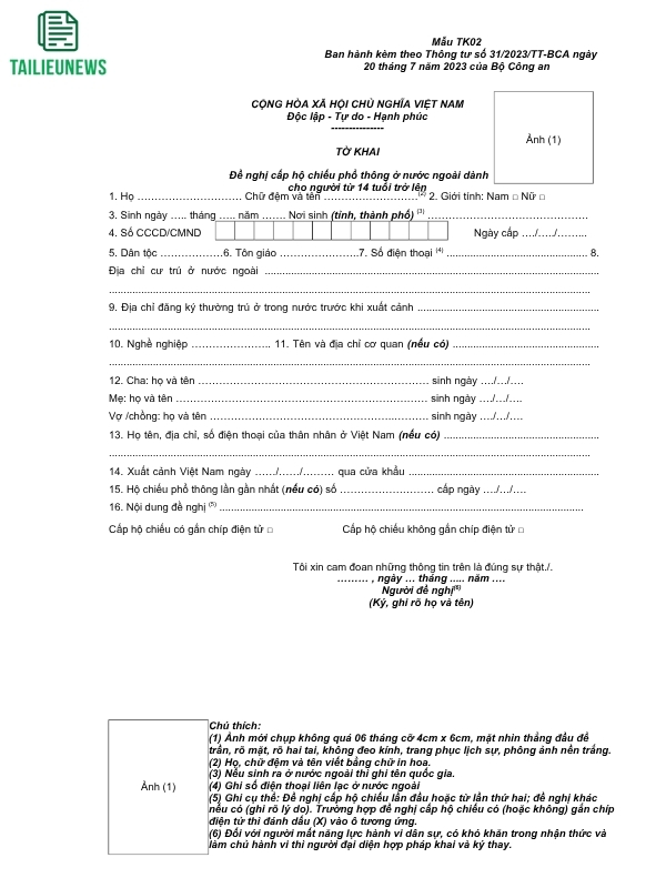 Mẫu Tờ Khai Đề Nghị Cấp Hộ Chiếu Mới Nhất 2026 Tờ khai đề nghị cấp hộ chiếu ở nước ngoài dành cho người từ 14 tuổi trở lên